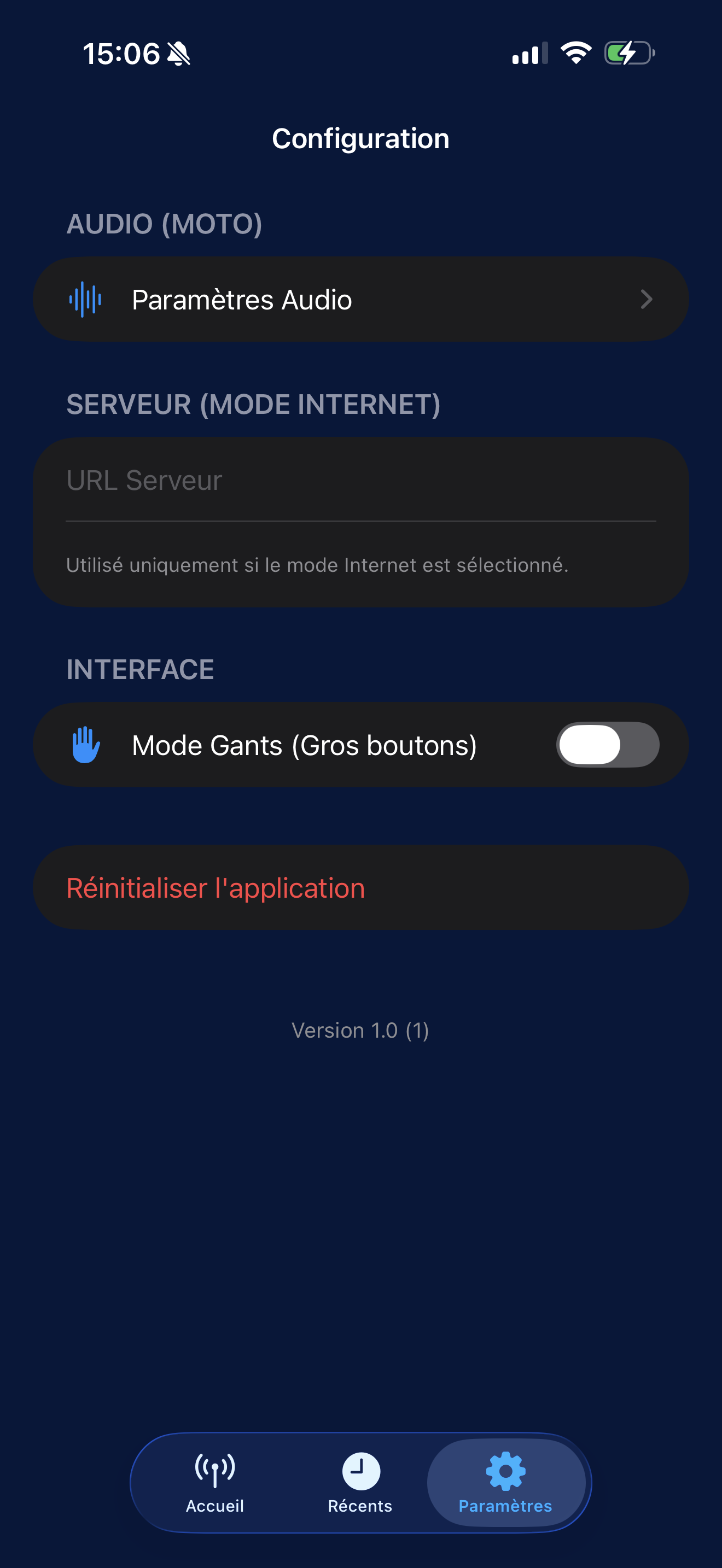 Paramètres et Mode Gants